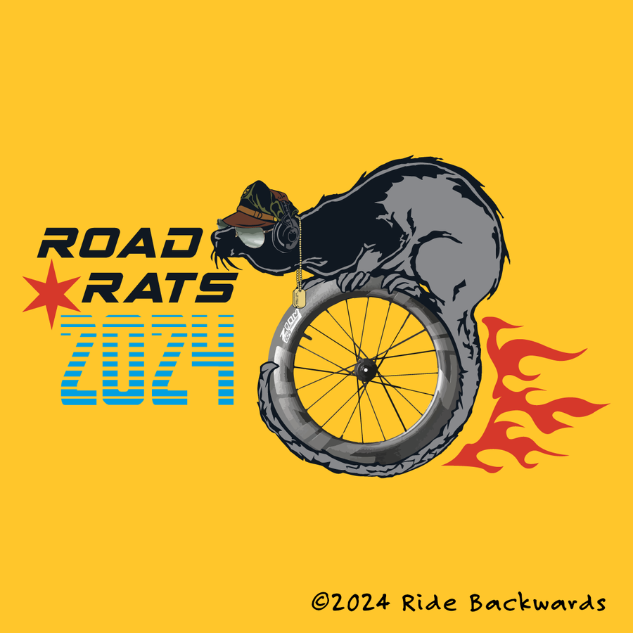 ©️2024 Ride Backwards - Road Rats logo. Road Rats triblend cycling tee at ridebackwards.com. 