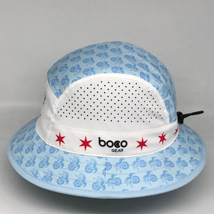 Fools Fest Sprints performance bucket hat - left side. Ultralight, moisture-wicking sun protection. Super comfortable fit, and quick-drying at ridebackwards.com