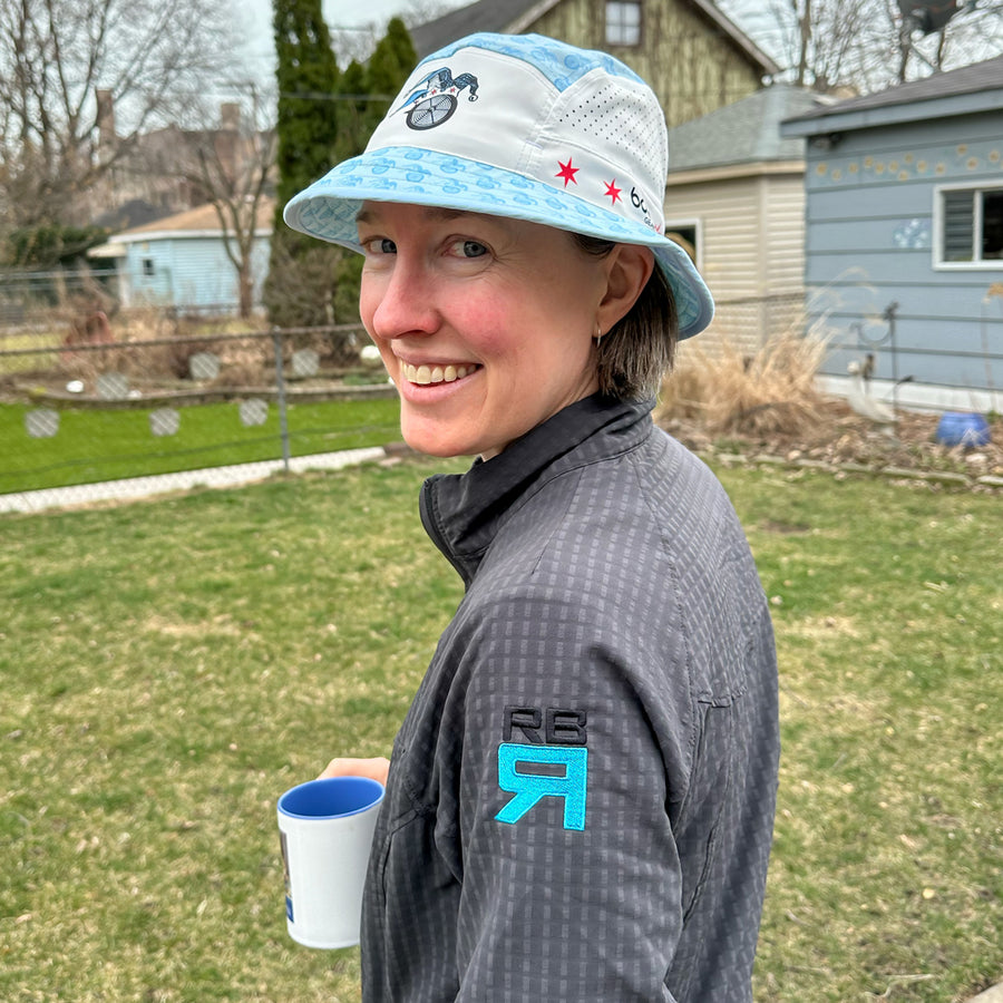 Fools Fest Sprints performance bucket hat - front view. Ultralight, moisture-wicking sun protection. Super comfortable fit, and quick-drying at ridebackwards.com