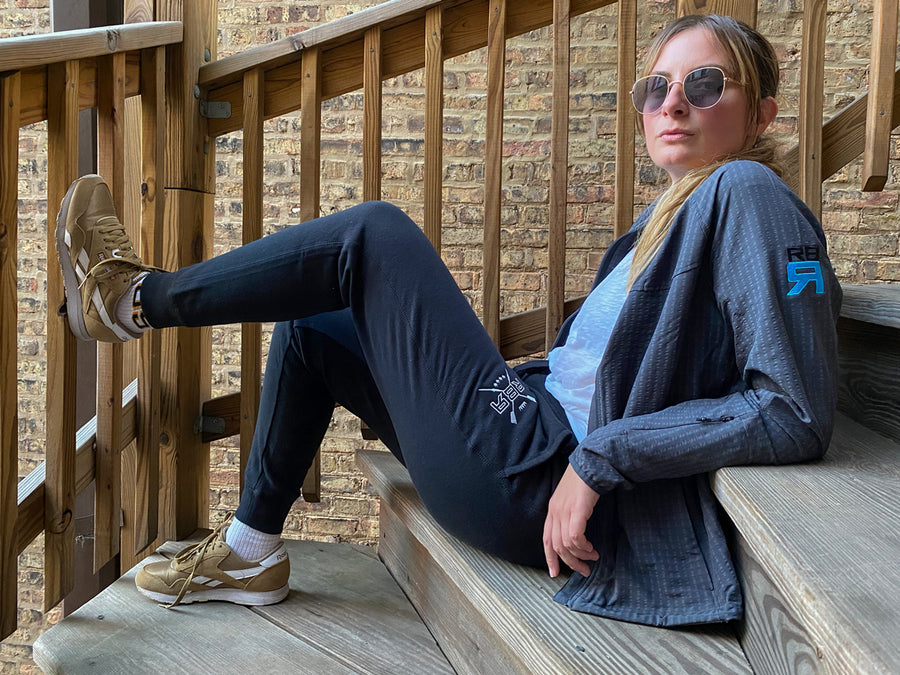 RB womesn's cut Vintage Joggers on model, 60-40 poly-cotton fleece, side slash and back pocket at ridebackwards.com