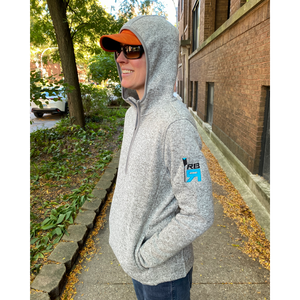 RB Sweet Fleece, hood up on female model- polyester sweater fleece with hood, pockets and open hem. ridebackwards.com