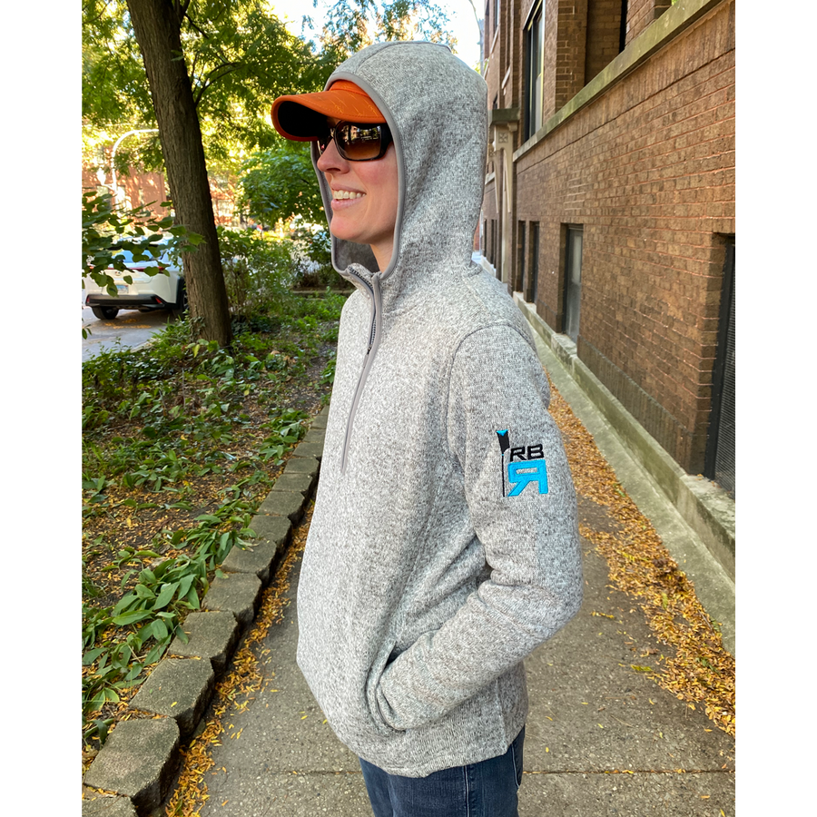 RB Sweet Fleece, hood up on female model- polyester sweater fleece with hood, pockets and open hem. ridebackwards.com