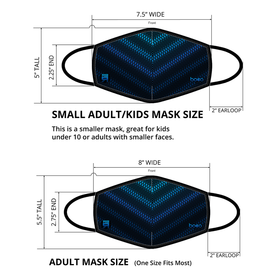 Dimensions of adult and child size RBR Blade Performance Mask at ridebackwards.com