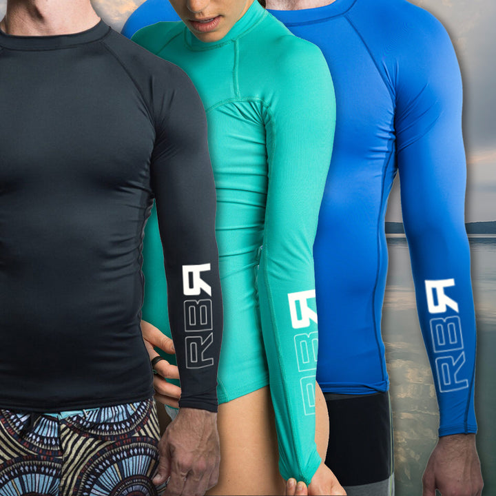 RBR 2Flex rash guards. Multiple colors, men's & women's cuts. UPF 50+ Wears cool, dries quick. Geared to perform and formulated for comfort at ridebackwards.com