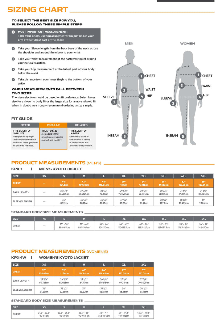 Kyoto Jacket size chart