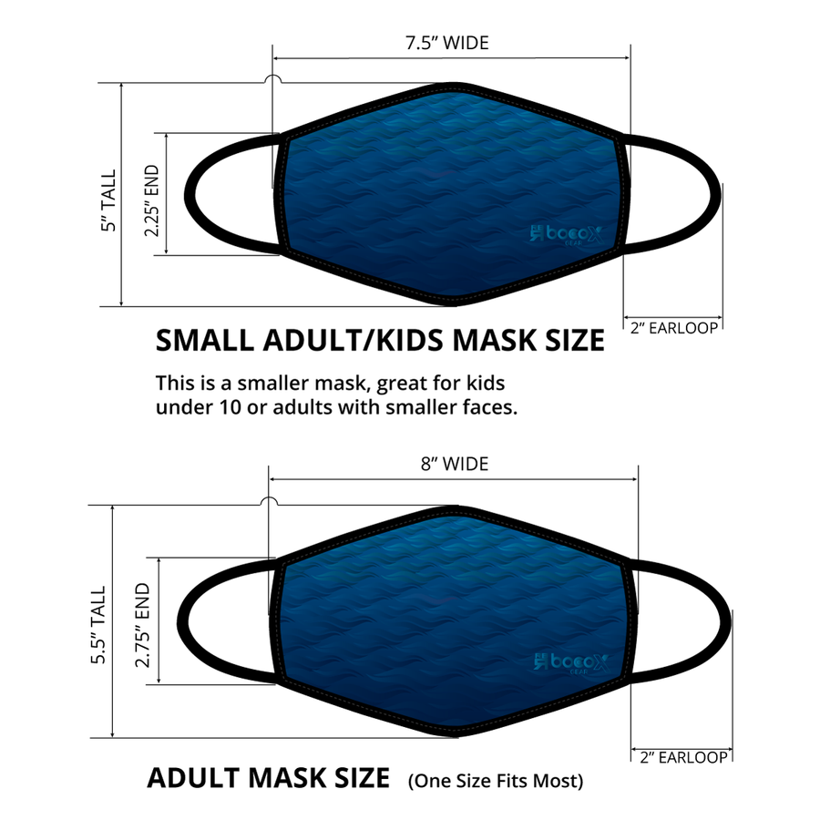 Dimensions for the Make Waves X lightweight, moisture-wicking performance face mask with internal pocket for additional PM2.5 filter, quick-drying, easy breathing at ridebackwards.com